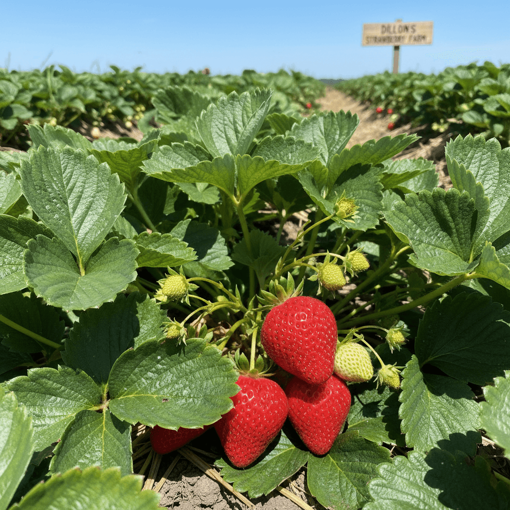 Fresh strawberries growing on farm plants
