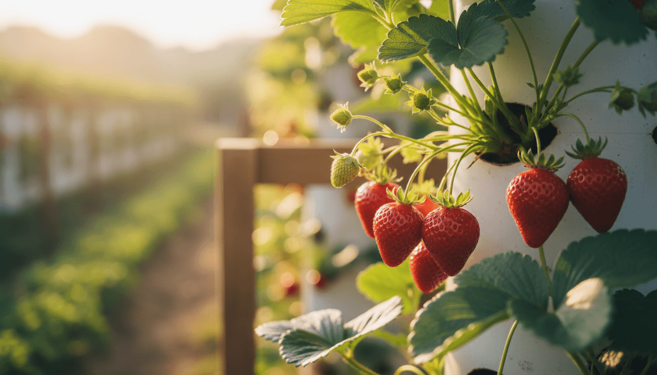 Ripe strawberries on a vertical growing tower at Dillon's Strawberry Farm