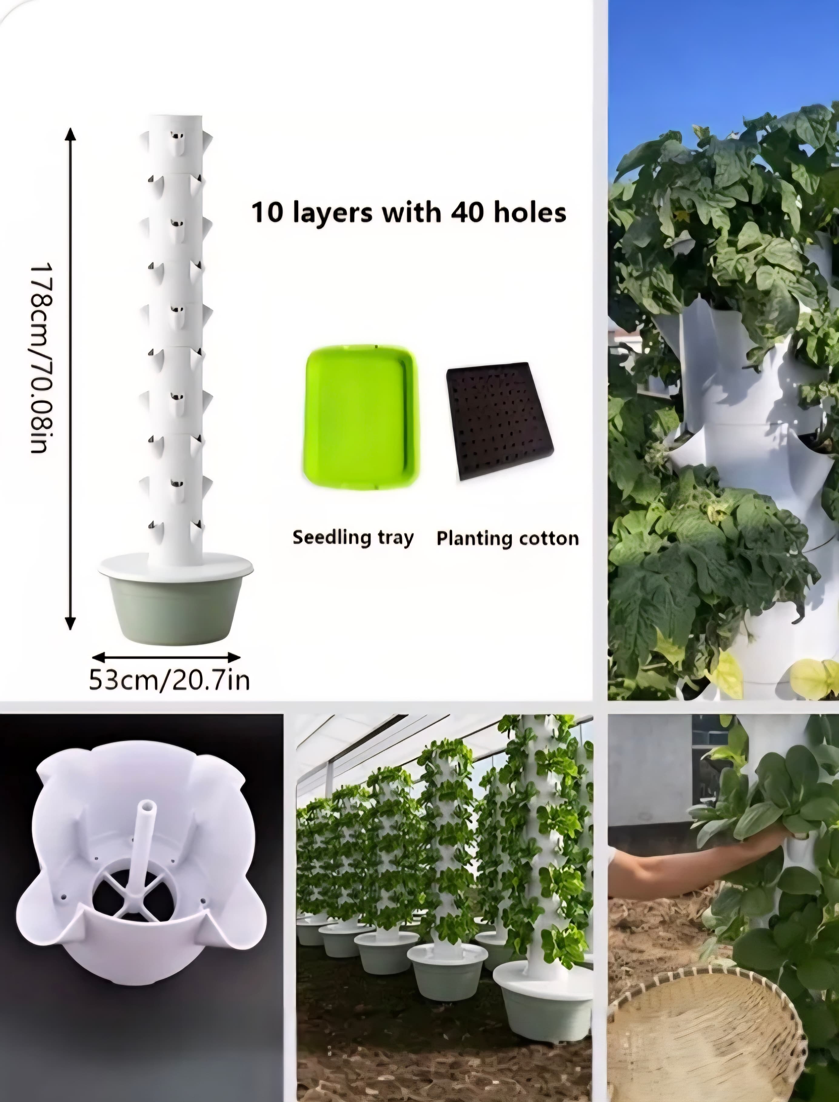 Vertical hydroponic tower system with ten layers, forty holes, seedling tray, and planting cotton.