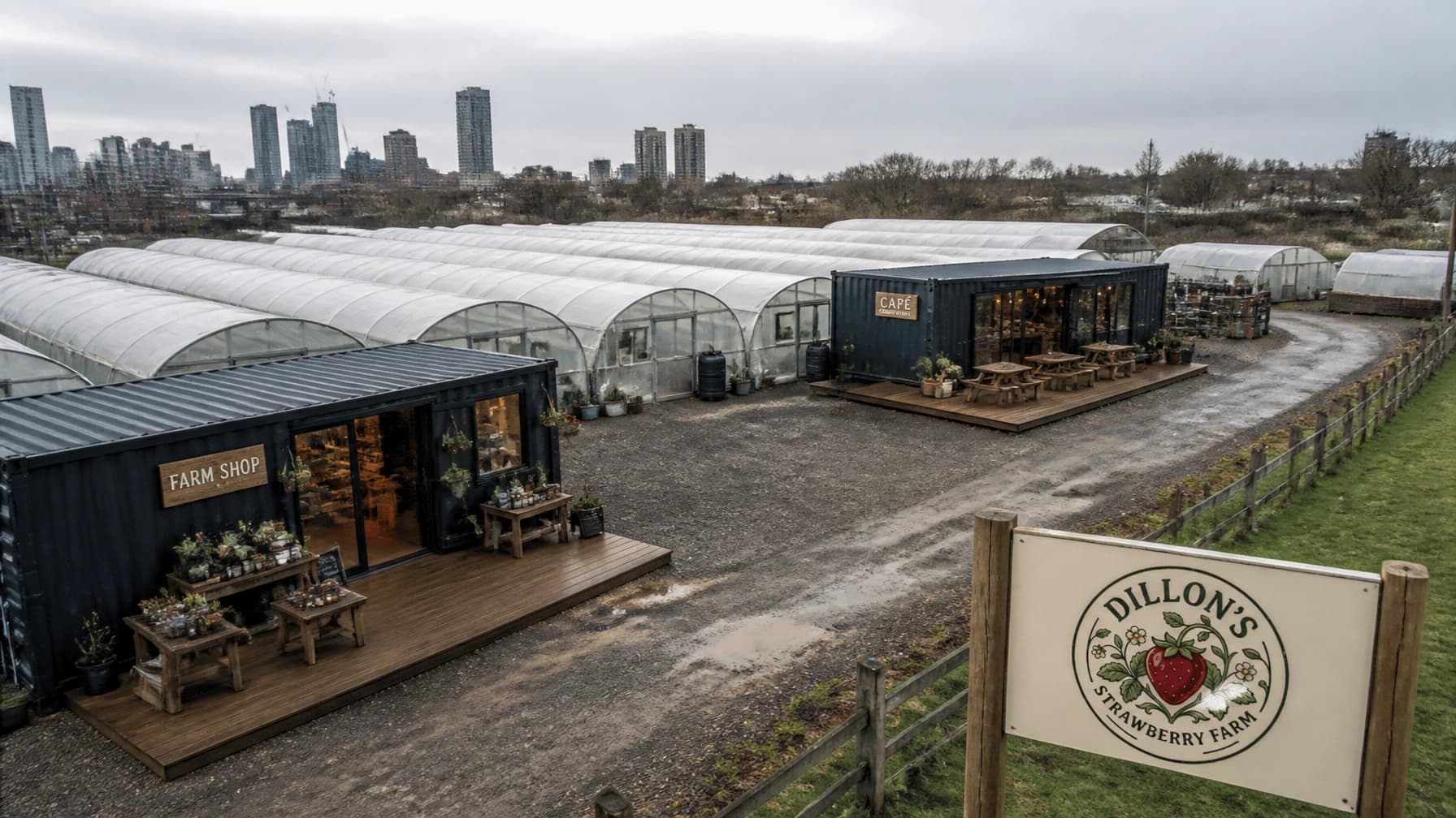 Dillon's Strawberry Farm featuring shipping container shops, greenhouses, and a distant urban skyline.